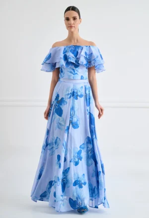 Μάξι φλοράλ φούστα σε σιέλ απόχρωση