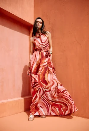 Φόρεμα εμπριμέ με halter λαιμόκοψη