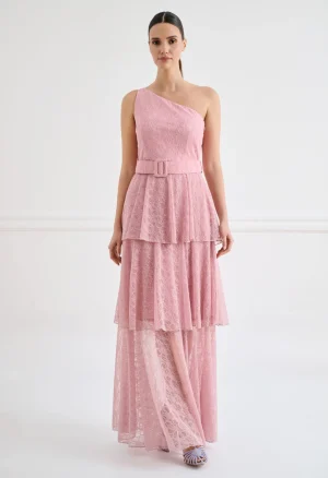 Δαντελένιο maxi φόρεμα one shoulder με βολάν