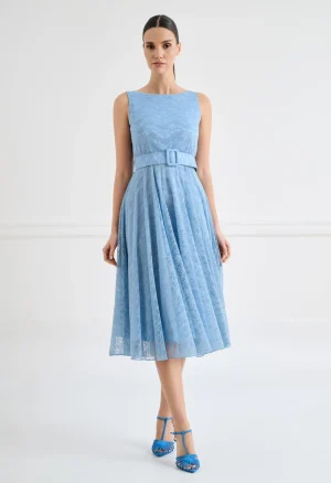 Δαντελένιο midi φόρεμα με ζώνη και v πλάτη