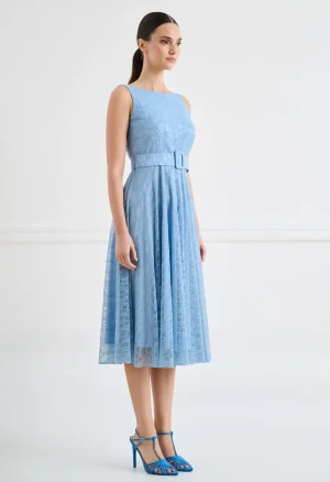 Alternative view of Δαντελένιο midi φόρεμα με ζώνη και v πλάτη