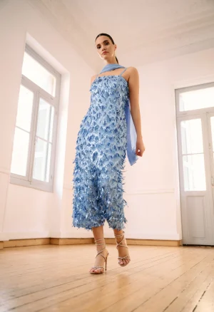 Midi φόρεμα με παγιέτες και κρόσια