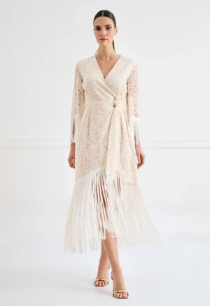 Δαντελένιο midi φόρεμα κρουαζέ με κρόσσια