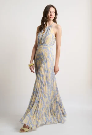Maxi πλισέ φόρεμα με print και halter λαιμόκοψη