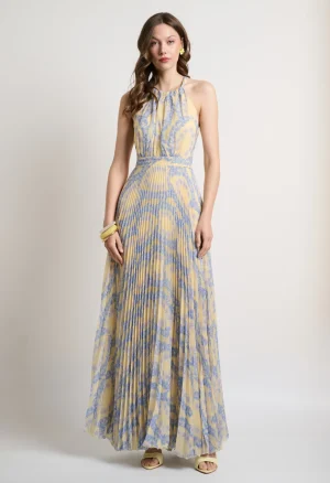 Alternative view of Maxi πλισέ φόρεμα με print και halter λαιμόκοψη