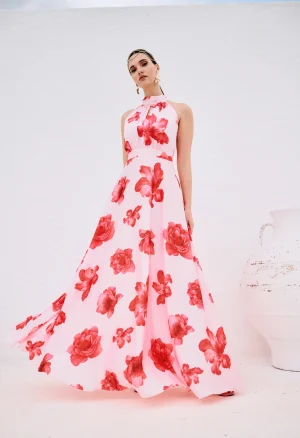Μάξι φόρεμα floral με halter λαιμό