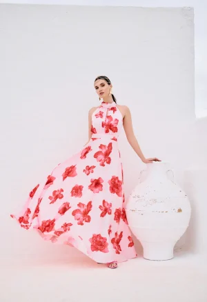 Alternative view of Μάξι φόρεμα floral με halter λαιμό