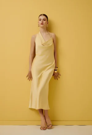 Midi σατέν φόρεμα με halter λαιμό