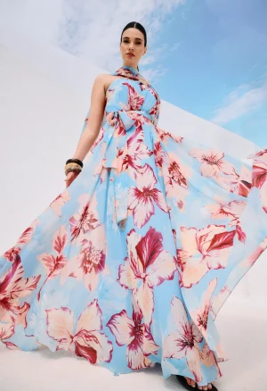 Alternative view of Maxi φόρεμα floral one shoulder σε γαλάζιο