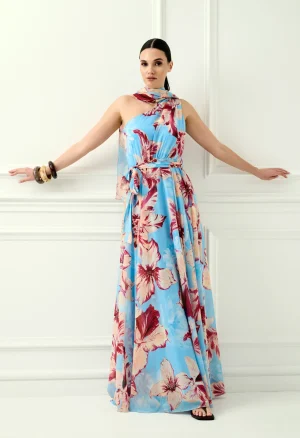 Maxi φόρεμα floral one shoulder σε γαλάζιο