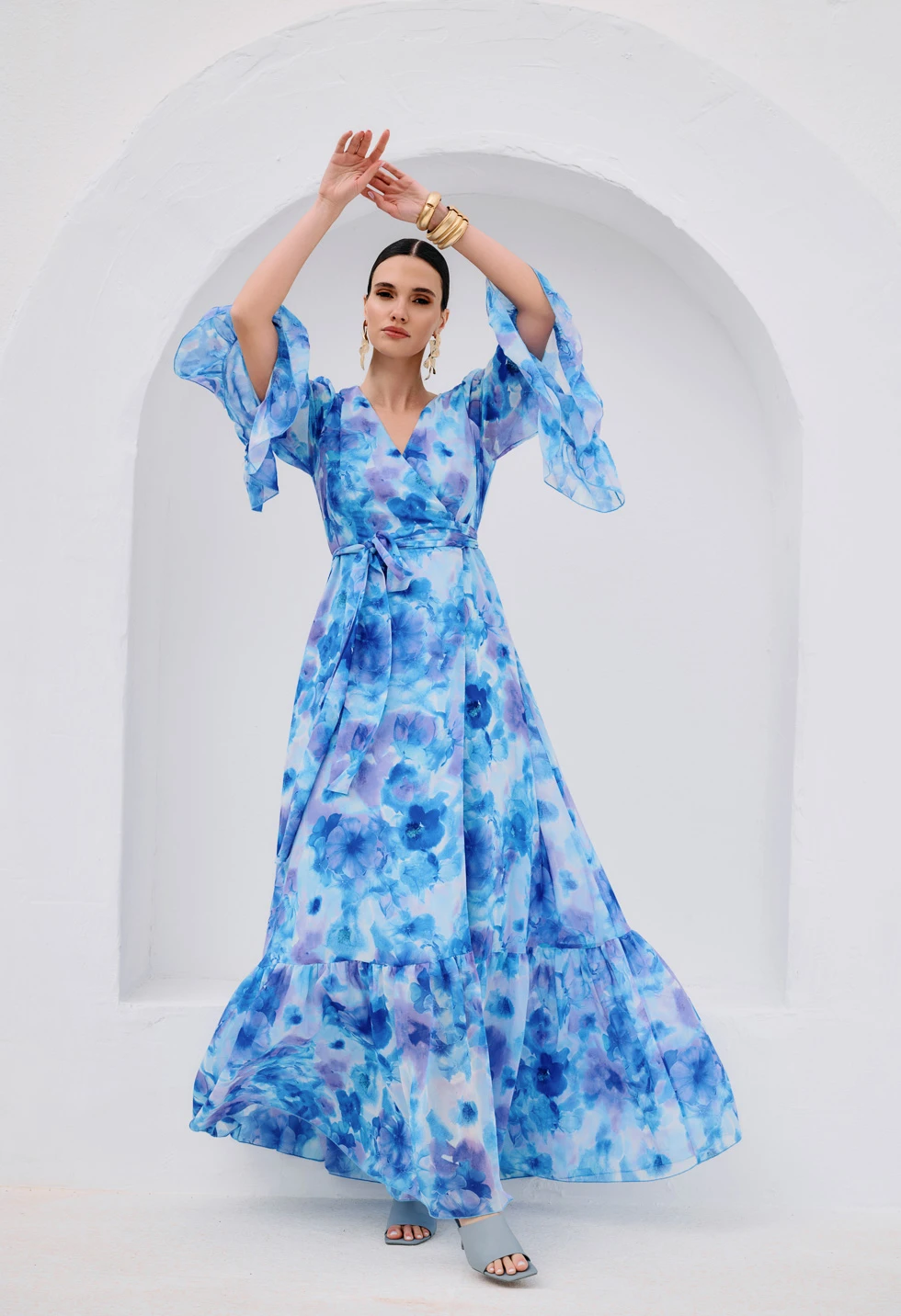Maxi κρουαζέ φόρεμα με floral print - Image 3
