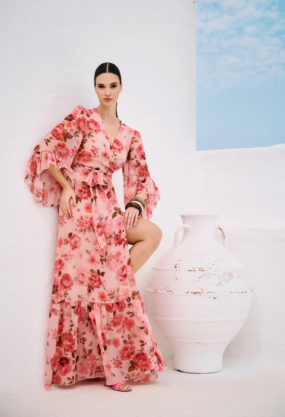 Maxi κρουαζέ φόρεμα με floral print