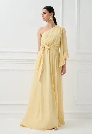 Maxi φόρεμα one shoulder σε παστέλ κίτρινο