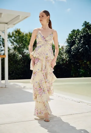 Floral maxi φόρεμα με τιράντες και βολάν