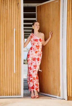 Alternative view of Floral one shoulder maxi φόρεμα με φιόγκο