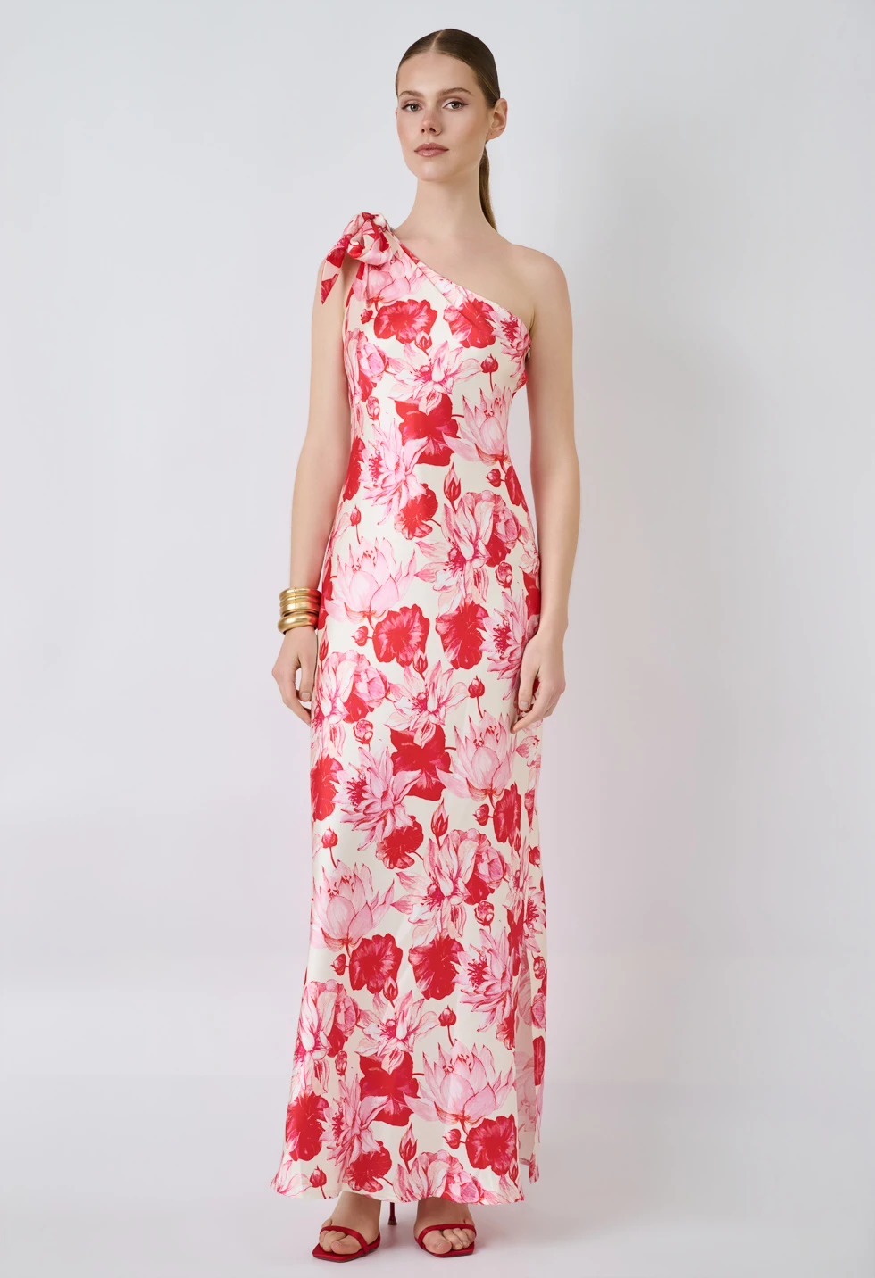 Floral one shoulder maxi φόρεμα με φιόγκο