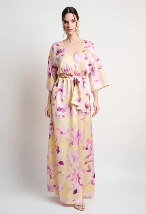 Floral maxi κρουαζέ φόρεμα με ζώνη