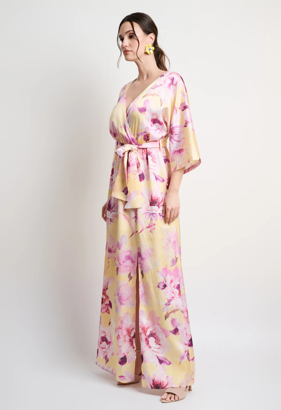 Floral maxi κρουαζέ φόρεμα με ζώνη - Image 3