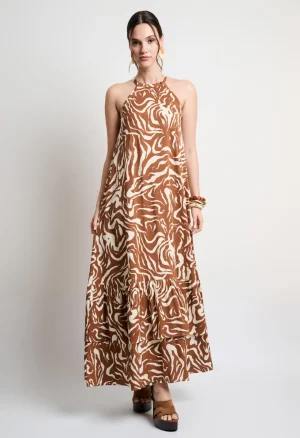 Maxi εμπριμέ φόρεμα halter με βολάν