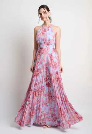 Μάξι πλισέ φόρεμα floral print και halter λαιμόκοψη