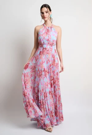 Alternative view of Μάξι πλισέ φόρεμα floral print και halter λαιμόκοψη