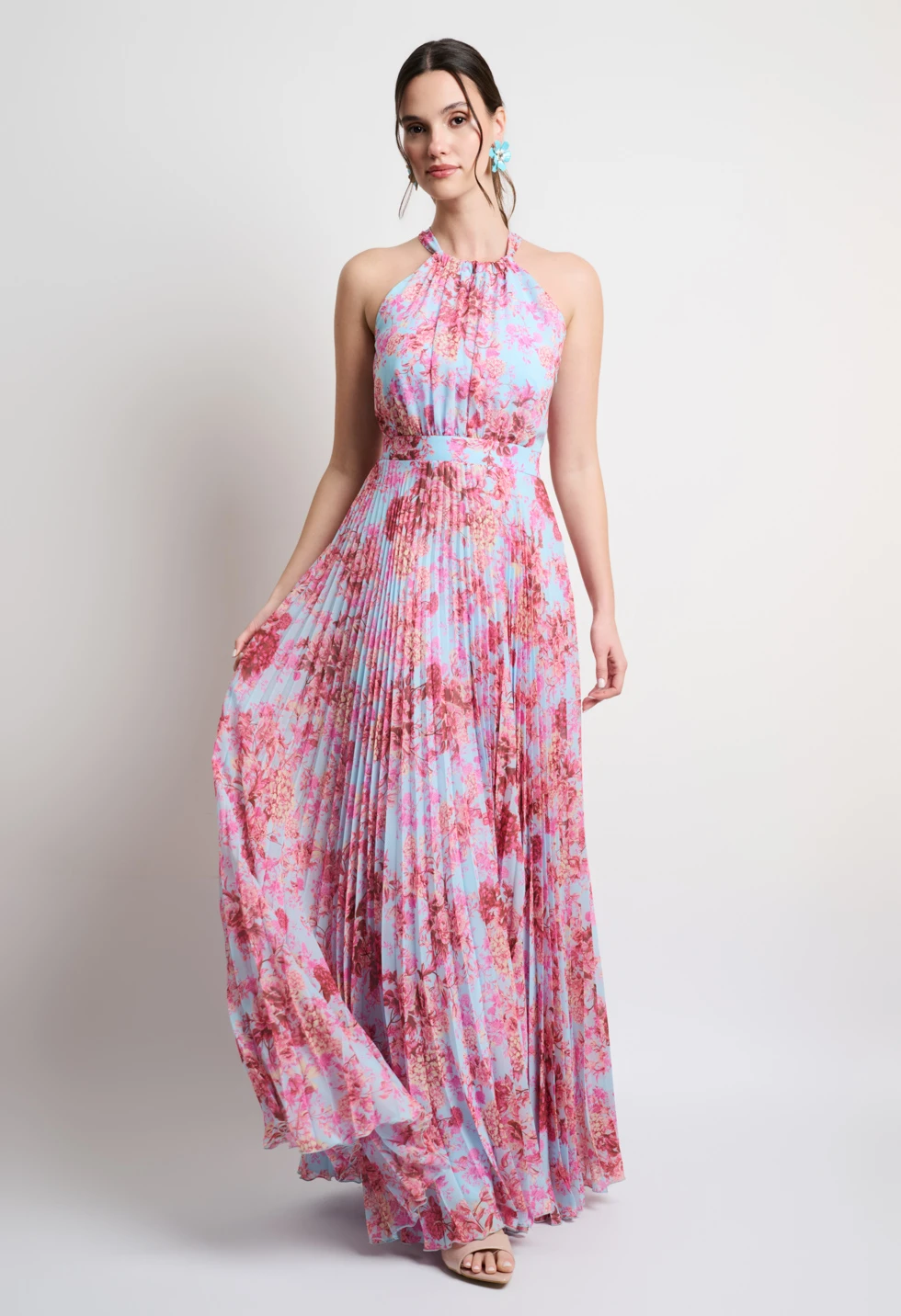 Μάξι πλισέ φόρεμα floral print και halter λαιμόκοψη - Image 2