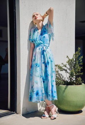 Alternative view of Midi κρουαζέ φόρεμα floral print και ζώνη