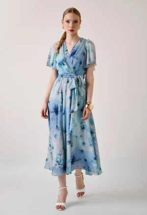 Midi κρουαζέ φόρεμα floral print και ζώνη