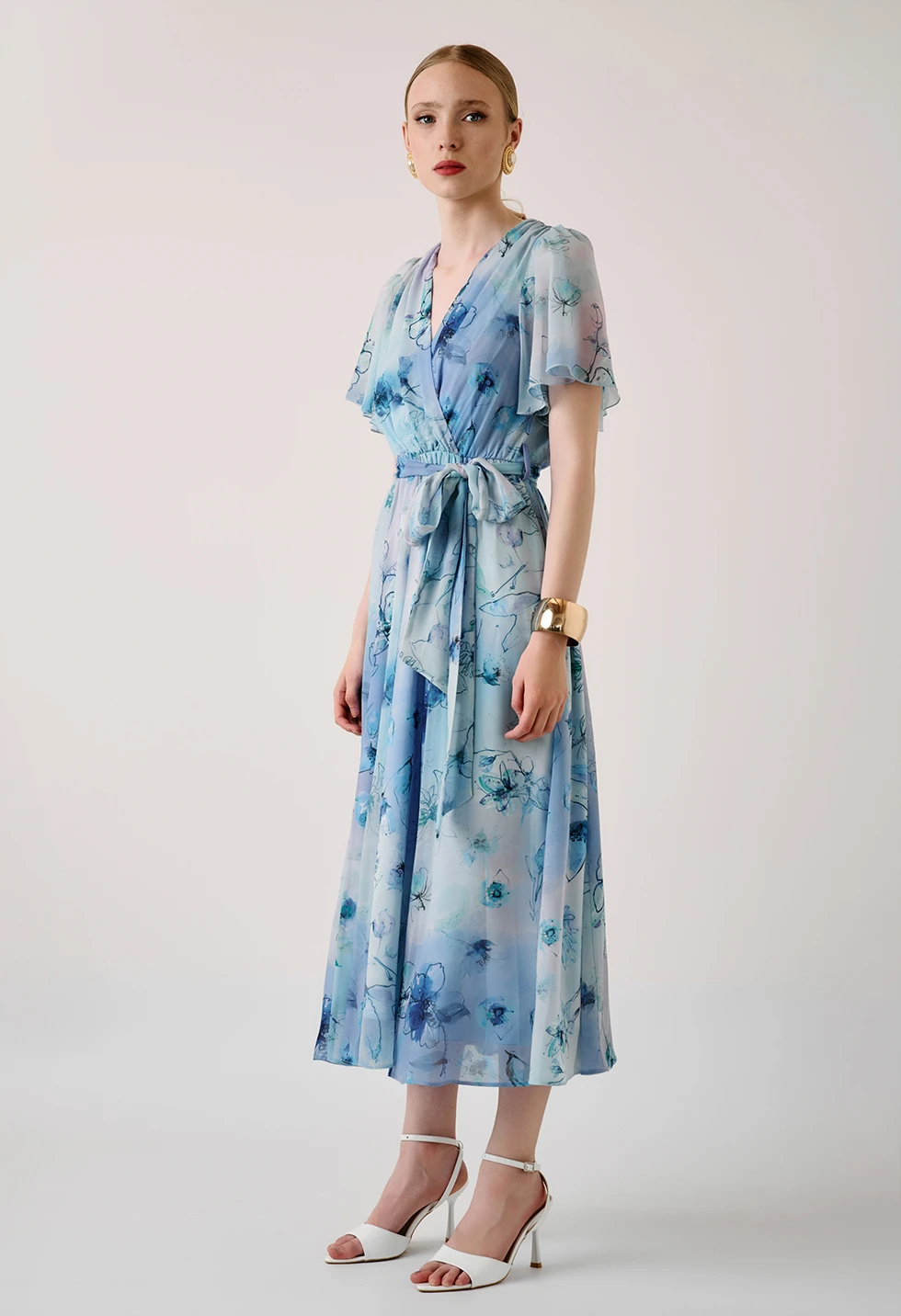 Midi κρουαζέ φόρεμα floral print και ζώνη - Image 3