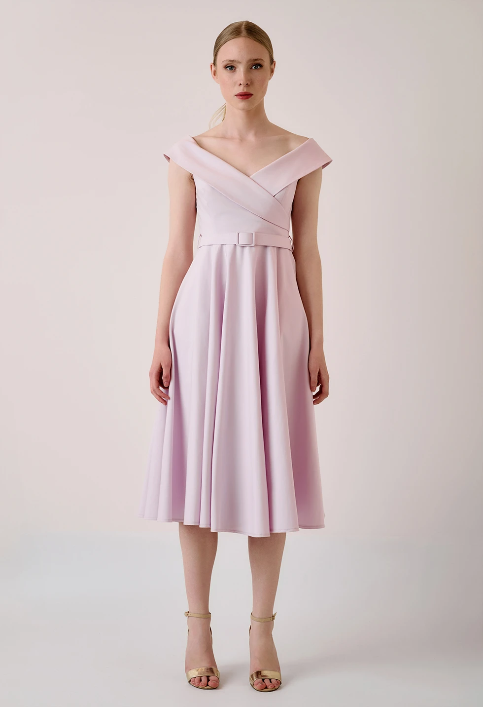 Midi off shoulder φόρεμα με ζώνη