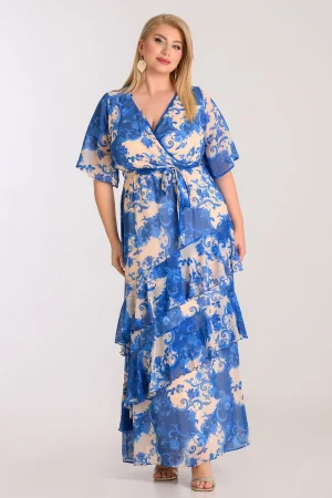 Maxi φόρεμα μουσελίνα με print και βολάν plus size