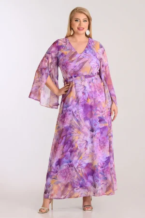 Maxi φόρεμα μουσελίνα floral με ζώνη plus size