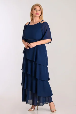 Maxi φόρεμα μουσελίνα με βολάν και cut-out ώμους plus size