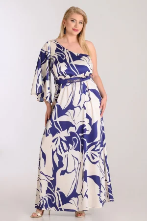 Maxi σατέν φόρεμα one shoulder με print plus size