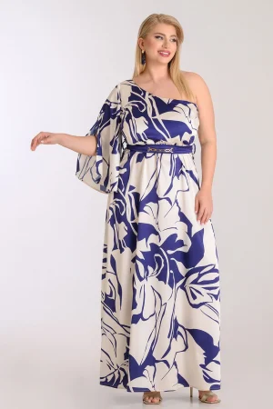 Alternative view of Maxi σατέν φόρεμα one shoulder με print plus size