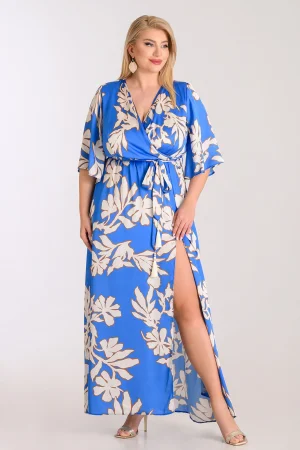 Maxi σατέν φόρεμα κρουαζέ με print plus size