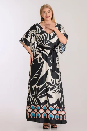 Maxi σατέν φόρεμα tropical print και ζώνη plus size
