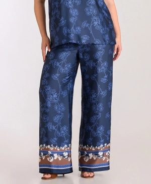 Floral παντελόνα σατέν με wide leg γραμμή plus size