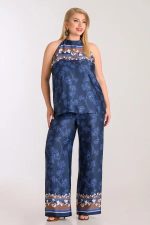 Alternative view of Floral παντελόνα σατέν με wide leg γραμμή plus size