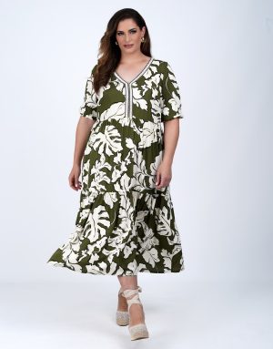 Midi φόρεμα με tropical print και V λαιμόκοψη plus size