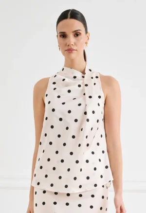 Μπλούζα σατινέ πουά με ασύμμετρη ντραπέ λαιμόκοψη