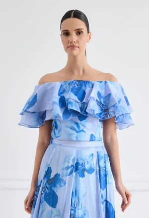 Φλοράλ τοπ off-shoulder σε σιέλ απόχρωση