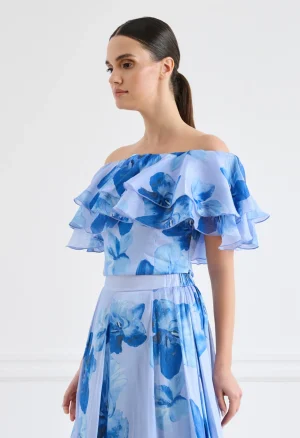 Alternative view of Φλοράλ τοπ off-shoulder σε σιέλ απόχρωση