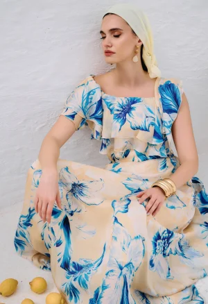 Alternative view of Floral top με βολάν και έξω ώμους