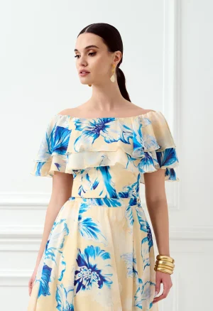 Floral top με βολάν και έξω ώμους