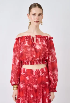 Floral off-shoulder crop top με μακριά μανίκια