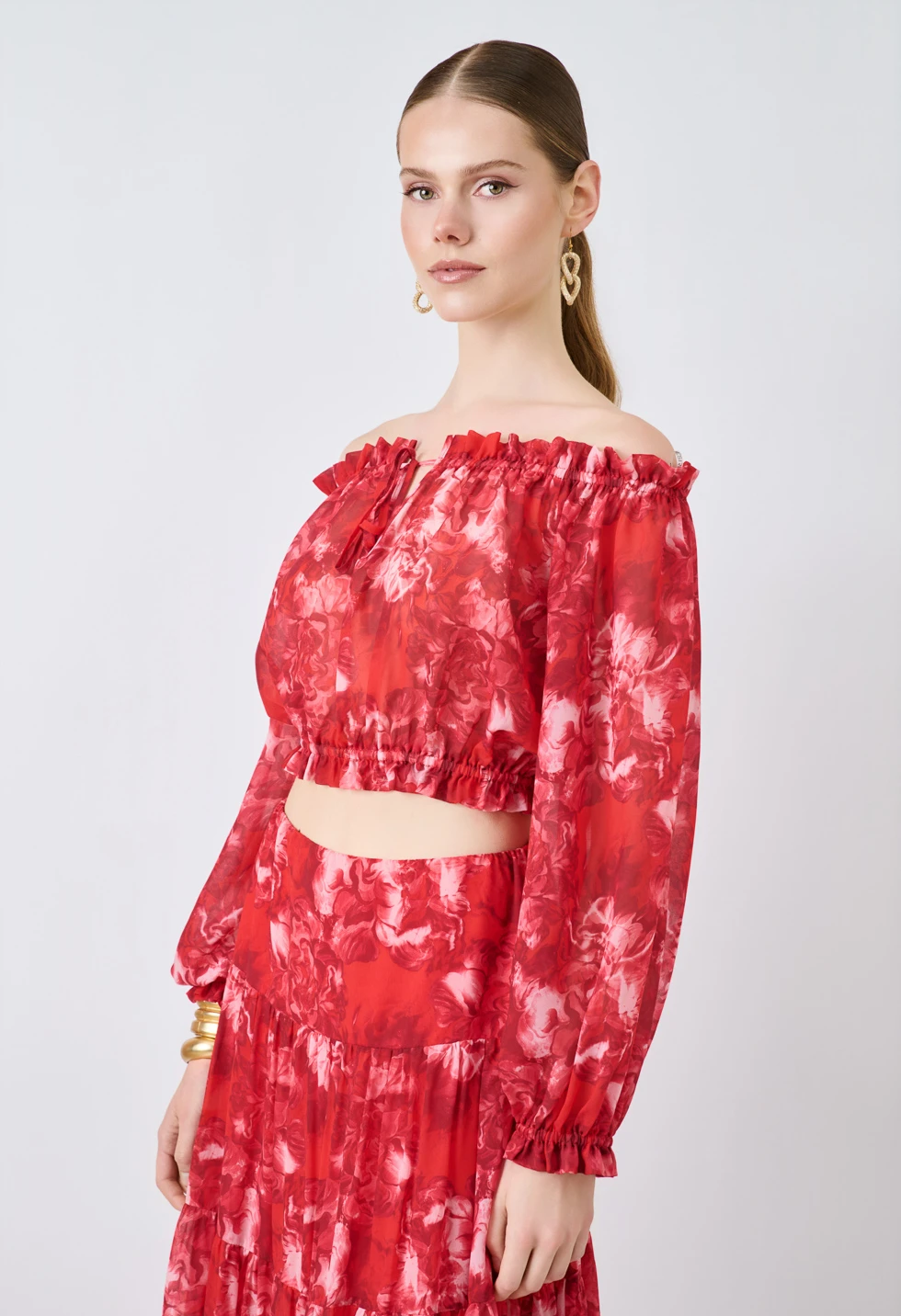 Floral off-shoulder crop top με μακριά μανίκια - Image 3