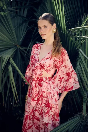 Alternative view of Floral tie-front top με βολάν στα μανίκια