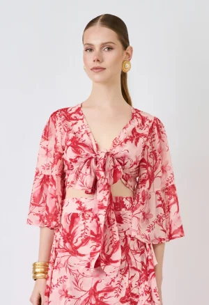 Floral tie-front top με βολάν στα μανίκια