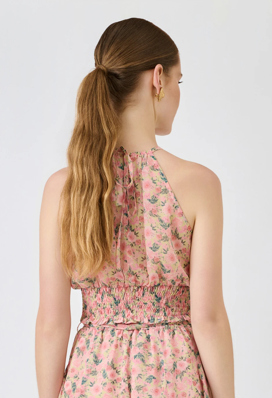 Floral halter crop top με σούρες - Image 4